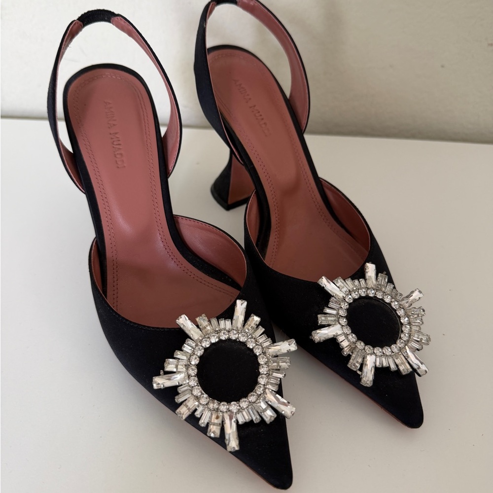 Amina Muaddi Black Crystal Sunburst Slingback Pumps - Picture 2 of 11